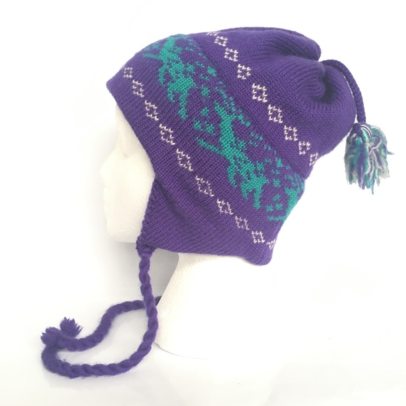 Gordini Hat Beanie Toque Pompom Braided Ties Purple Green Ear Covering - Picture 4 of 9